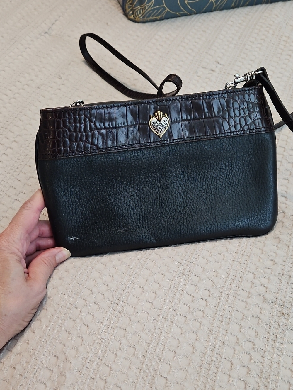 Brighton Black and Dark Brown Croc-Trim Leather Wristlet